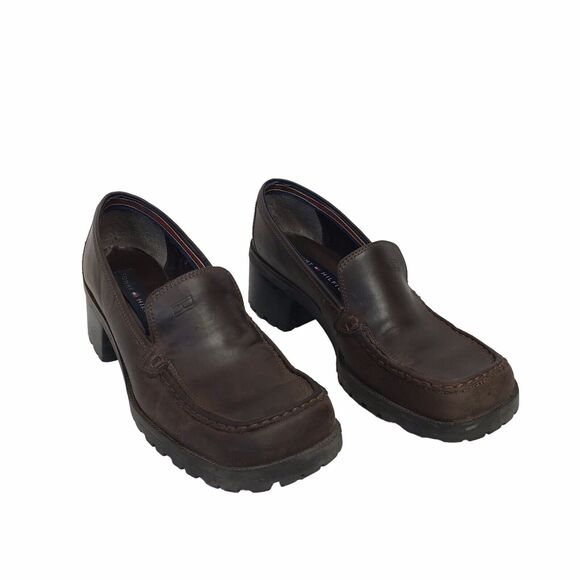 VTG 90s Y2K Tommy Hilfiger Brown Leather Chunky‎ Heel Womens Platform Shoe 8 - Picture 7 of 14